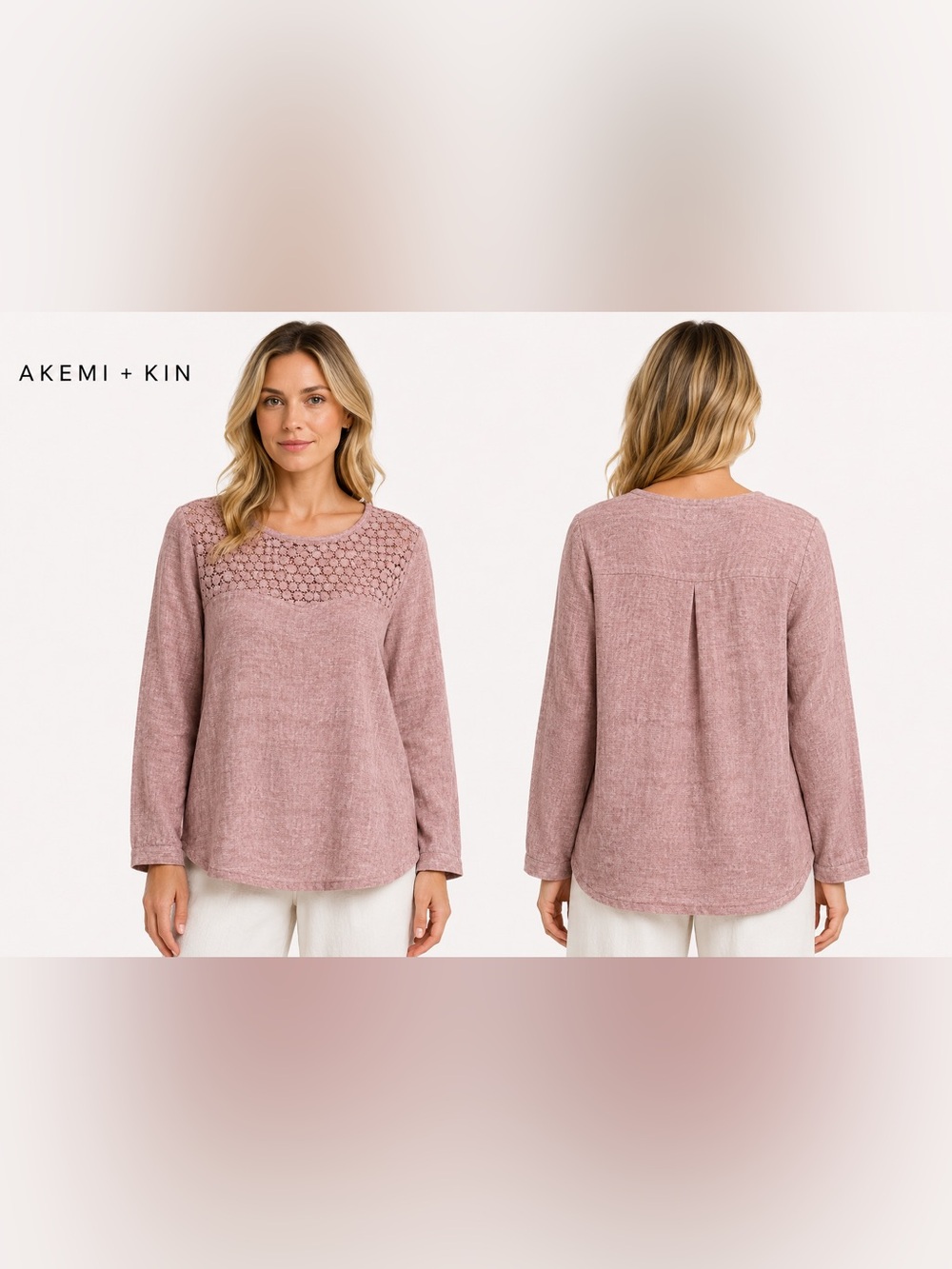 Akemi + Kin Anthropologie 100% Linen Crochet Yoke Top Mauve Pink Size Medium